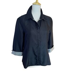 Vintage Halmode Petites Black Slub Texture Gingham Trim 3/4 Sleeve Button Down